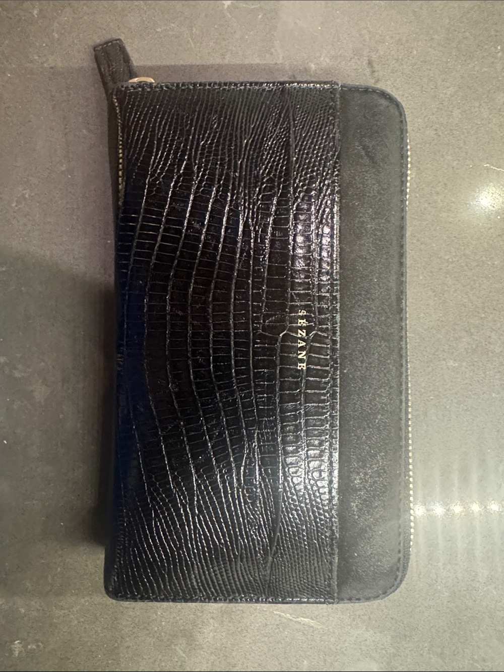 Sézane Black Croc-Embossed Leather Zip Wallet